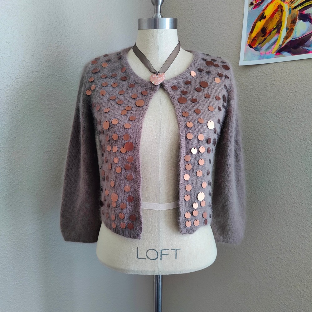 Alberto Makali‎ Angora Blend Sequin Cardigan Taupe Cropped Open Front Sweater M